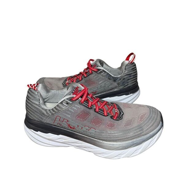 Men\'s Hoka Bondi 6 Gray Running Shoe with Red Accents size 11.5 main image 4